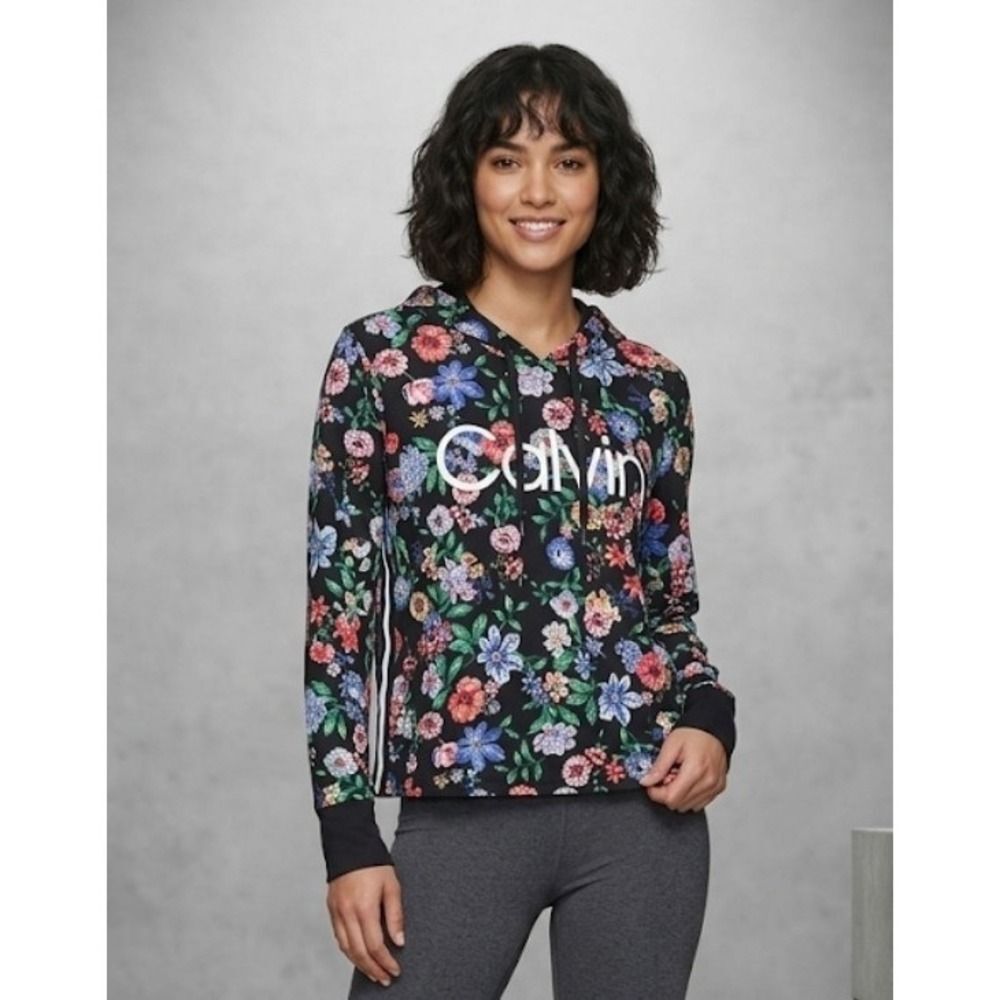 Calvin Klein Floral Logo Hoodie Crop Pullover Sweatshirt Black Pink Green Size M